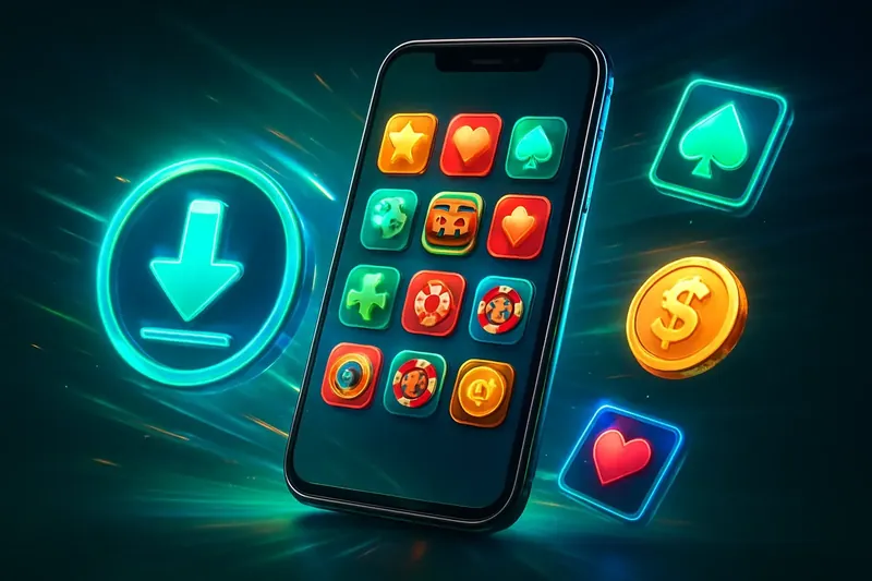 Casino App Download Glossy smartphone casino app banner with neon download icon and game tiles