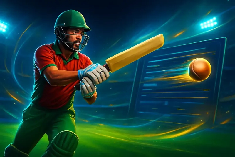Cricket batter striking ball under stadium lights in dynamic sportsbook banner