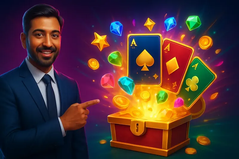 Glowing reward chest with cards, coins, gems, and stars bursting out
