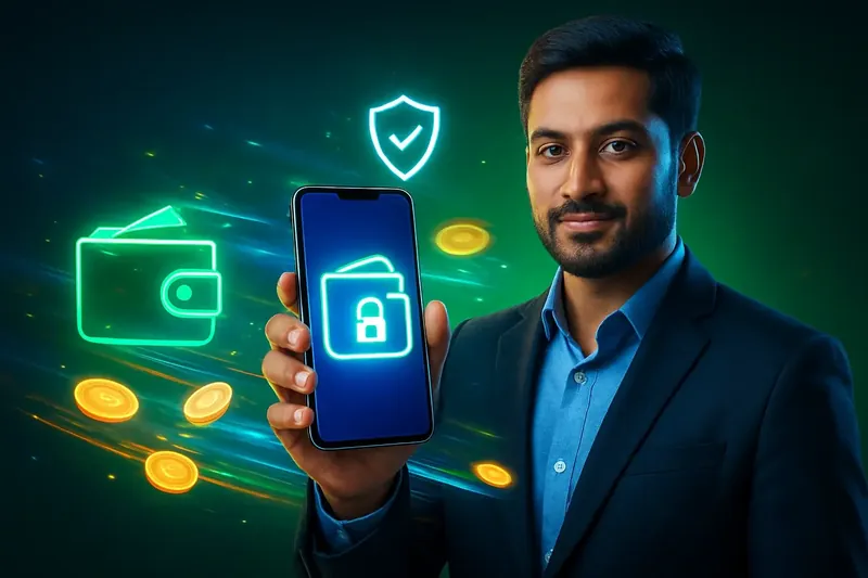 Hand holding smartphone with secure mobile wallet, coins, and speed light trails