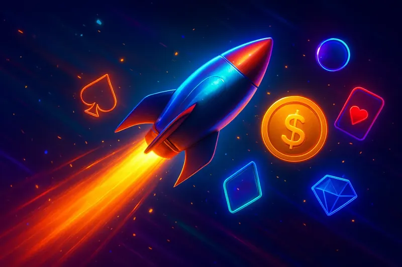 Rocket Speed Launch Glossy rocket launch casino banner with neon trail and game particles