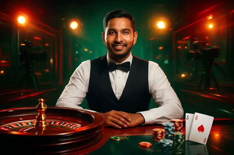 Live Dealer Banner Friendly professional live dealer with roulette, cards, chips, and studio lights