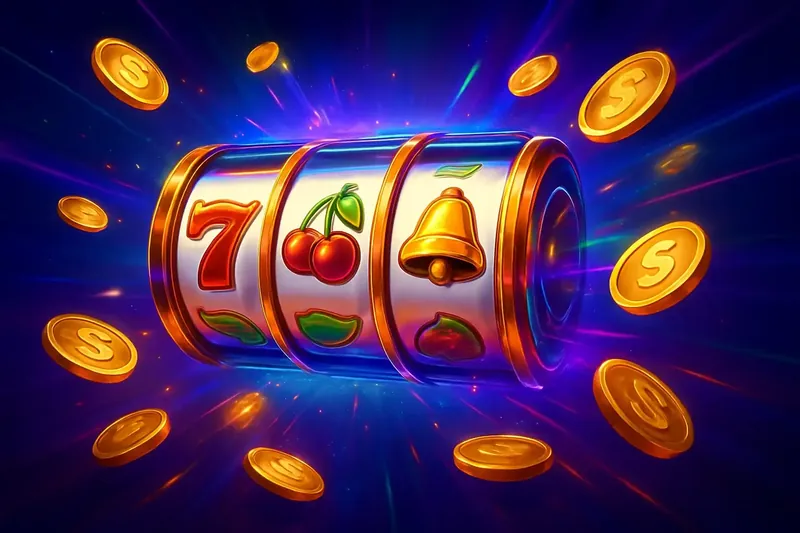 Colorful spinning slot machine reels with coins, neon glow, and sparkles